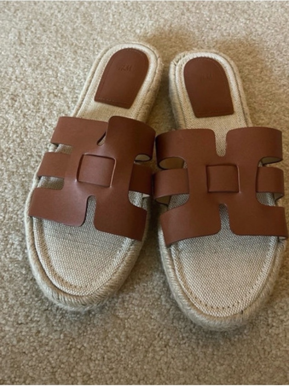 H&M Tan Brown Faux Leather Strap Espadrille Slide Sandals